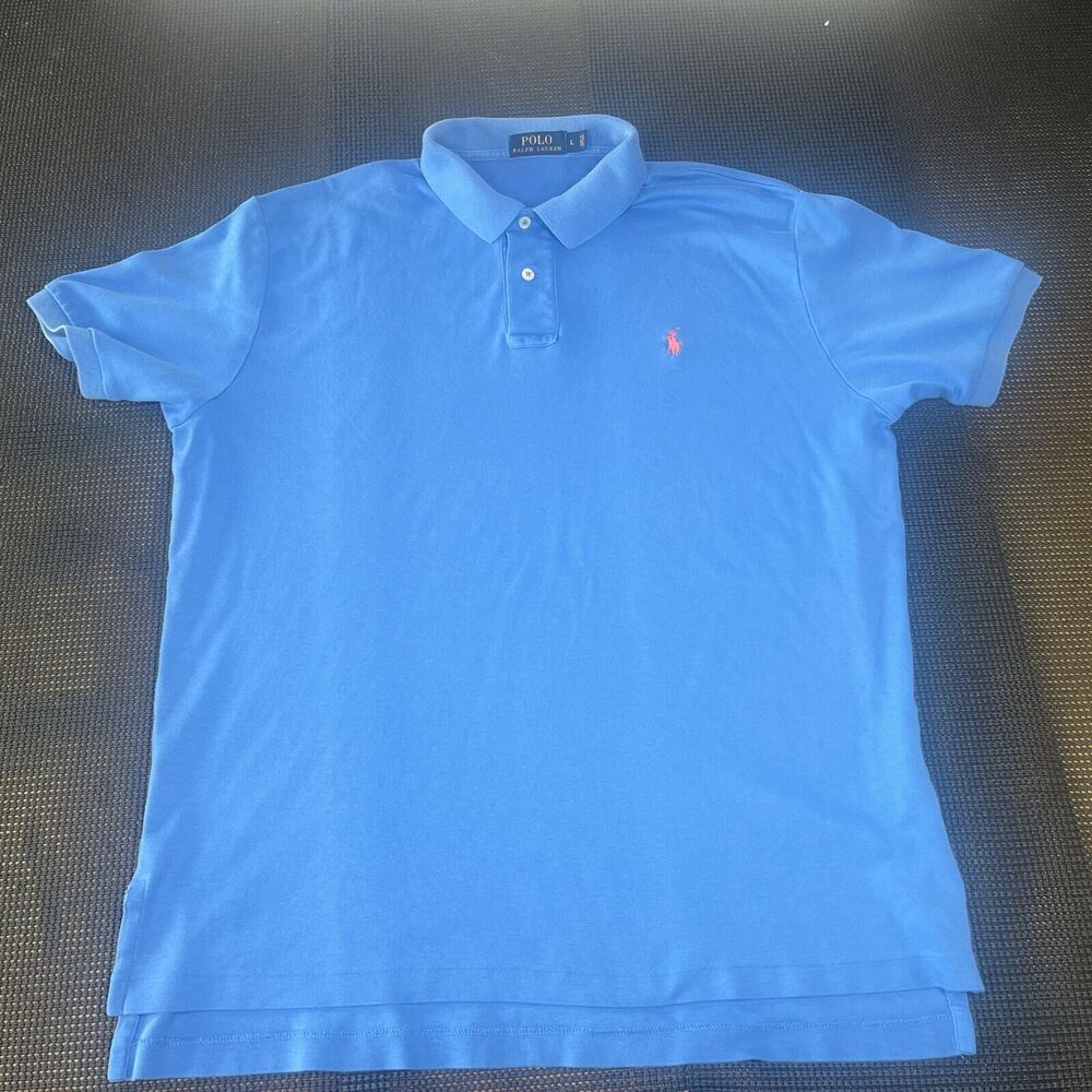 RALPH LAUREN Men's BLUE JERSEY KNIT Short‎ Sleeve GOLF POLO SHIRT Sz L